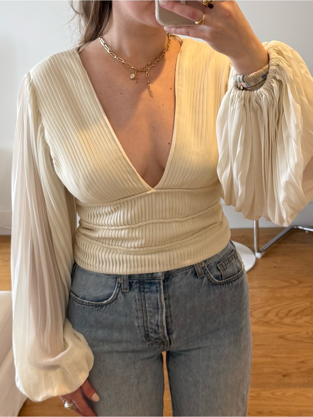 AMUR pleated balloon sleeve crop top
